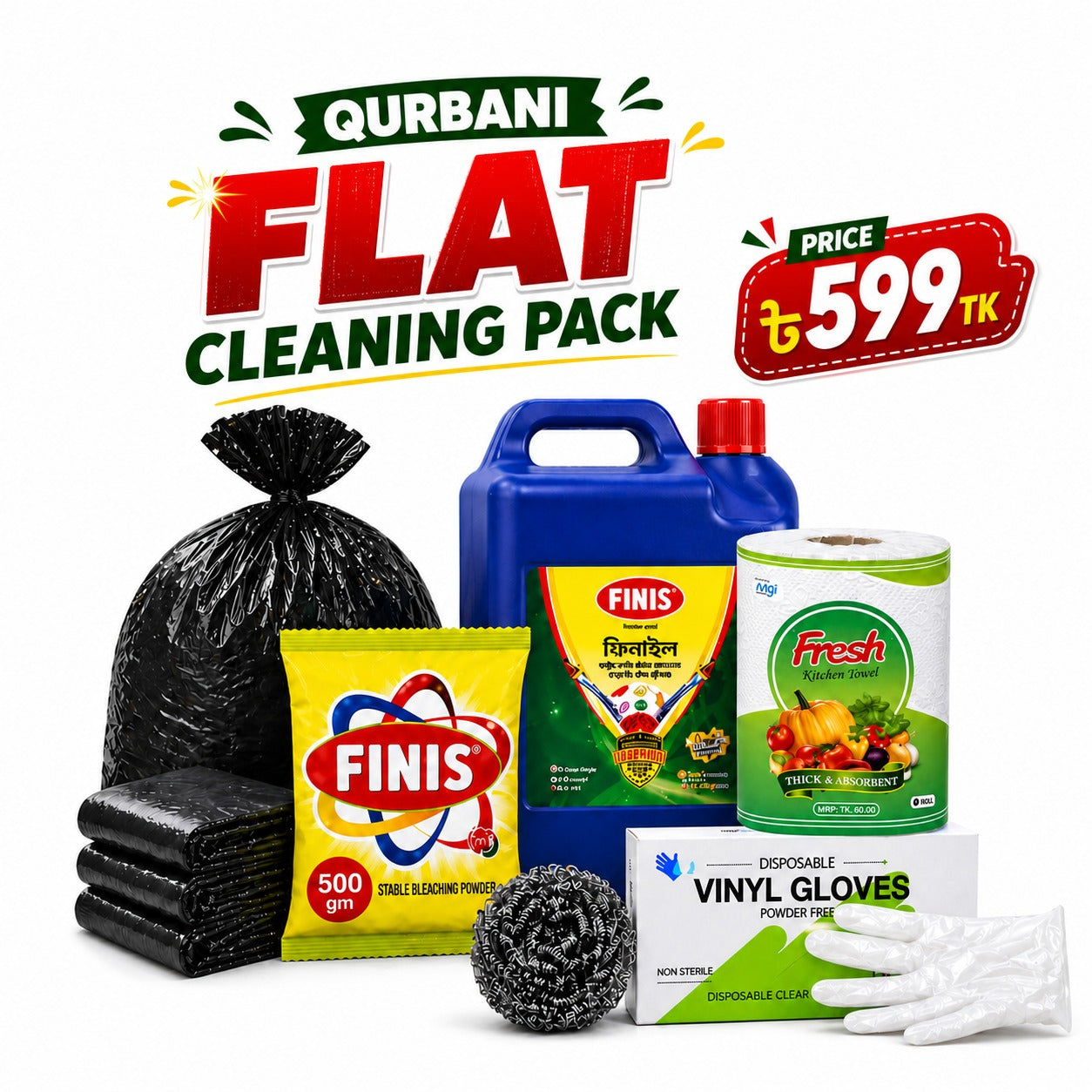 Qurbani Premium Cleaning Pack from DailyGoods featuring Finis phenyl, Fresh kitchen towel and vinyl gloves for home hygiene.